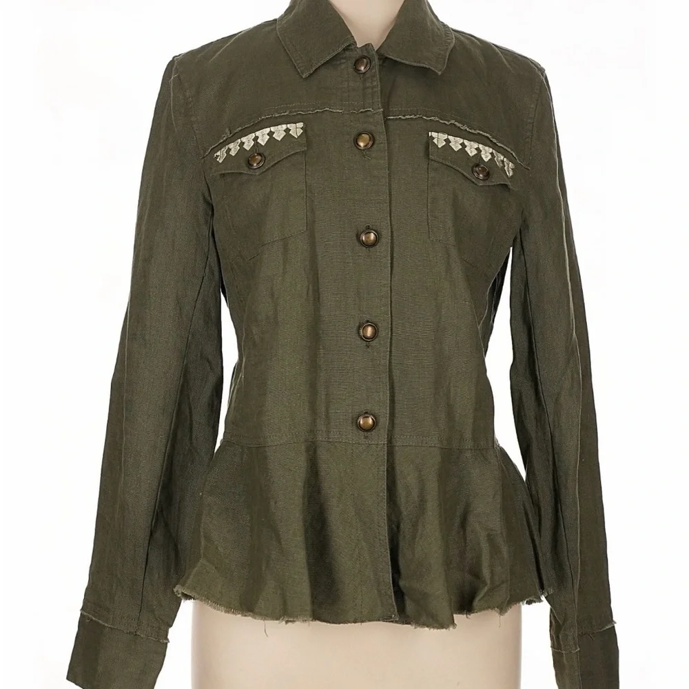 INC Linen Olive Green Women's Jacket - Peplum Waist - Large EUC Safari Style